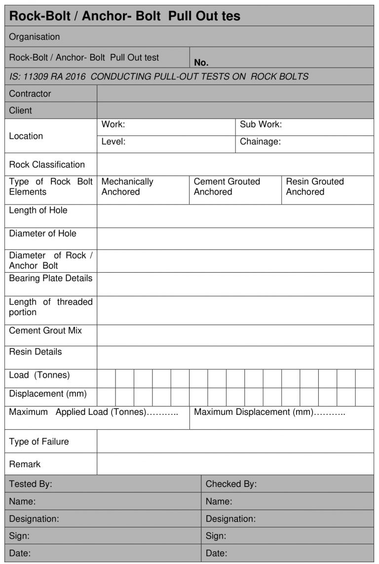 Rock Bolt / Anchor (Elements) in situ Pull Out Test 54 TechConsults